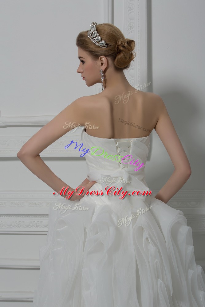 Attractive White Fabric With Rolling Flowers Lace Up Bridal Gown Sleeveless Brush Train Belt