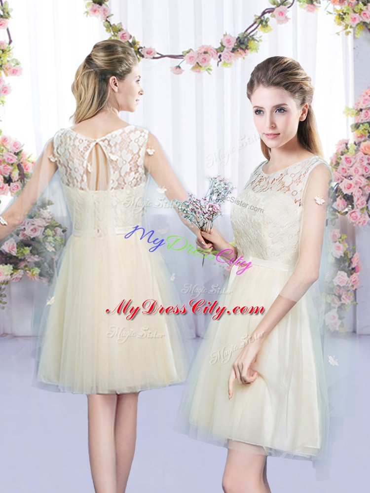 High End Champagne Sleeveless Tulle Lace Up Bridesmaid Dress for Wedding Party