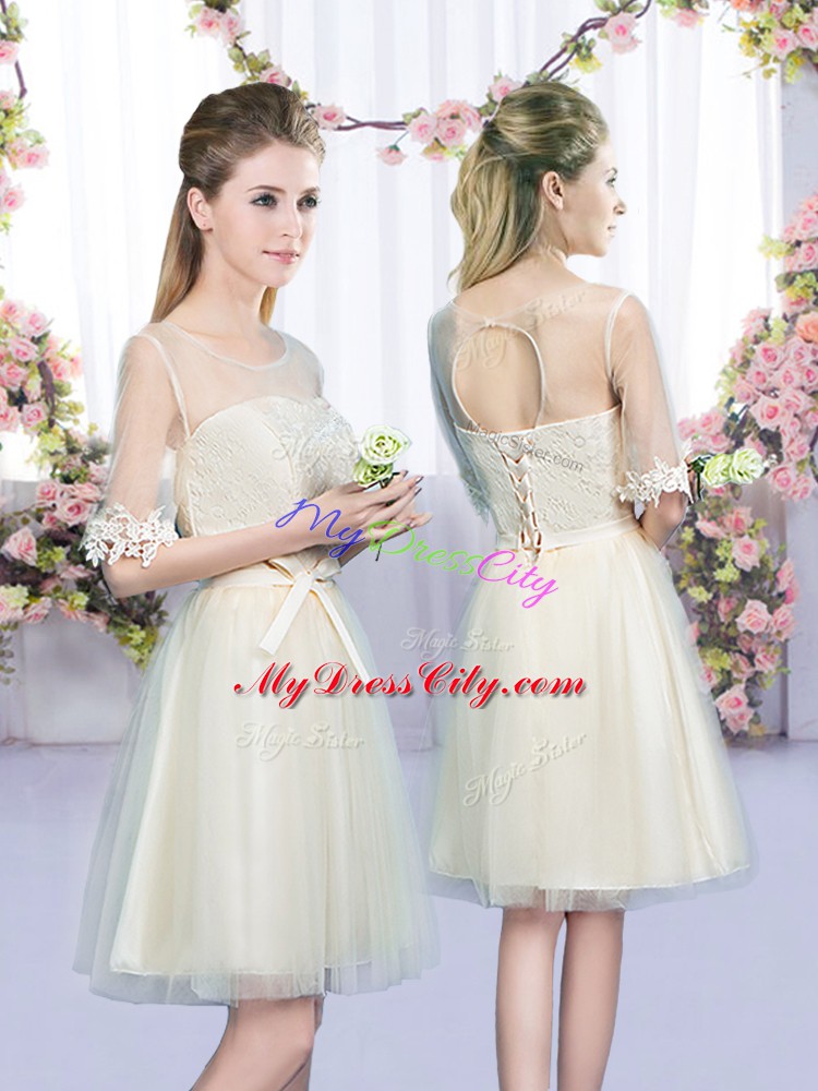 High End Champagne Sleeveless Tulle Lace Up Bridesmaid Dress for Wedding Party