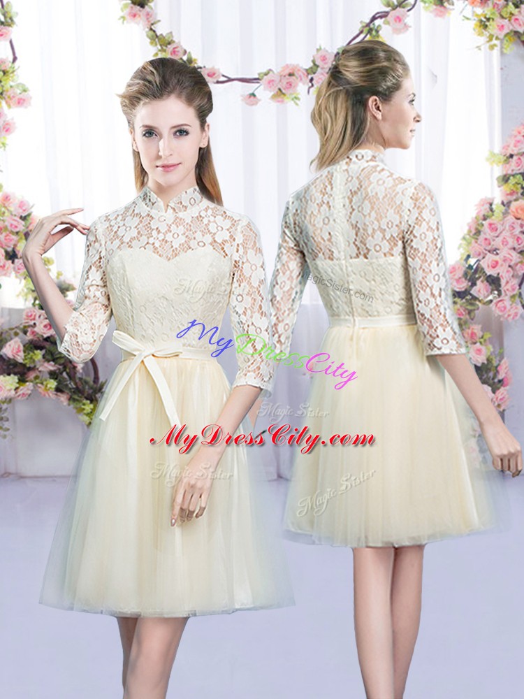 High End Champagne Sleeveless Tulle Lace Up Bridesmaid Dress for Wedding Party