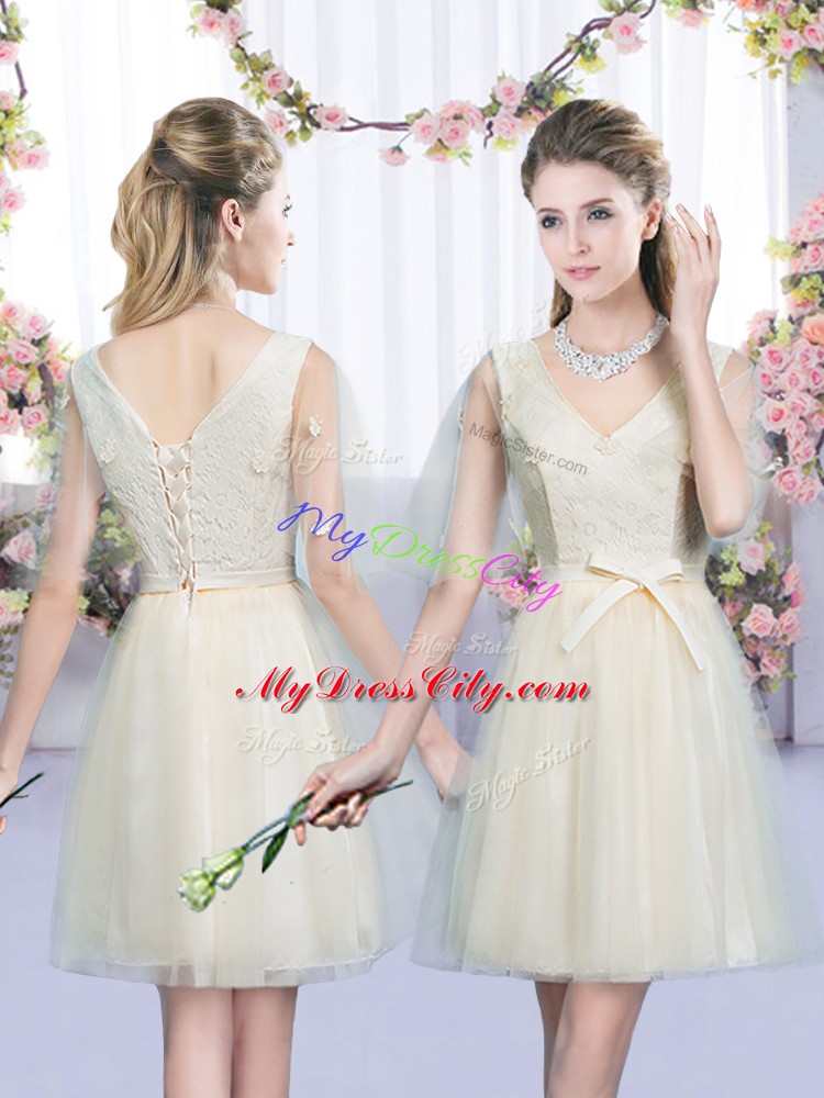 High End Champagne Sleeveless Tulle Lace Up Bridesmaid Dress for Wedding Party