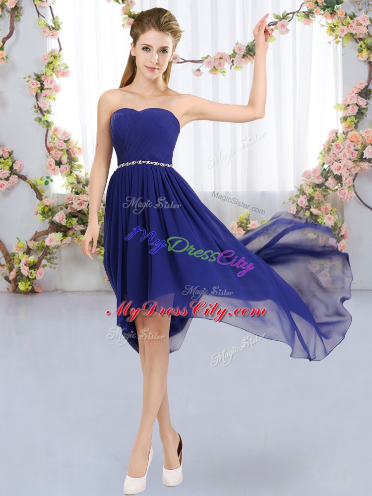 Royal Blue Chiffon Lace Up Wedding Guest Dresses Sleeveless High Low Beading