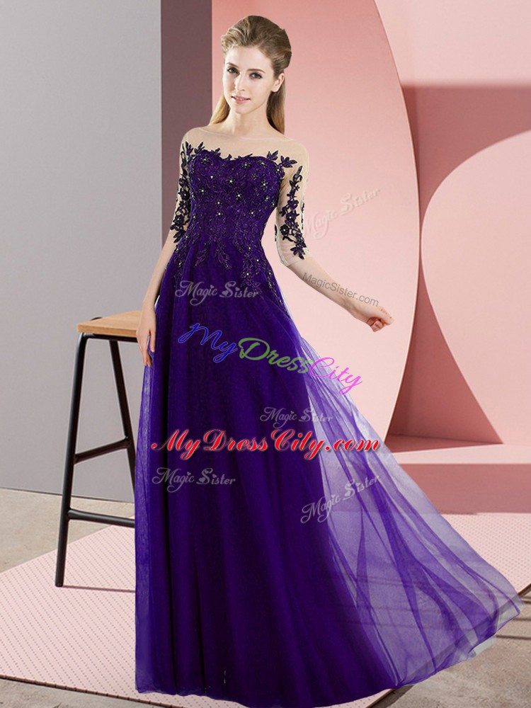 Purple Half Sleeves Floor Length Beading and Lace Lace Up Bridesmaid Gown