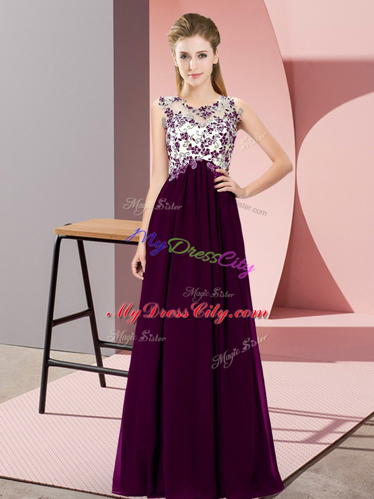 Free and Easy Dark Purple Empire Scoop Sleeveless Chiffon Floor Length Zipper Beading and Appliques Bridesmaids Dress