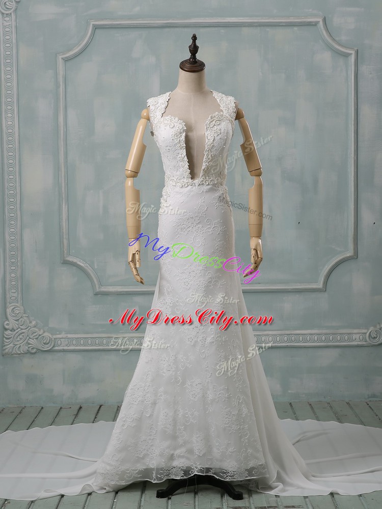 Pretty Sleeveless Lace Zipper Wedding Gowns with White Court Train