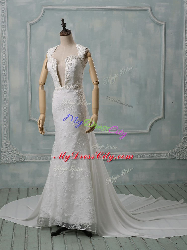 Pretty Sleeveless Lace Zipper Wedding Gowns with White Court Train