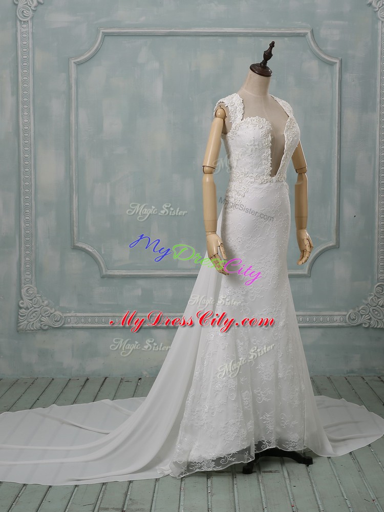 Pretty Sleeveless Lace Zipper Wedding Gowns with White Court Train