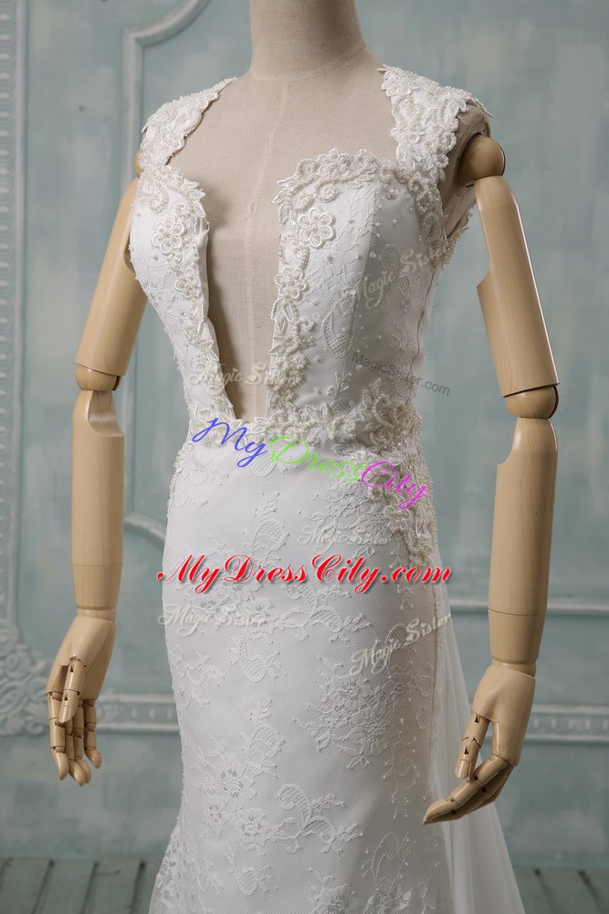 Pretty Sleeveless Lace Zipper Wedding Gowns with White Court Train