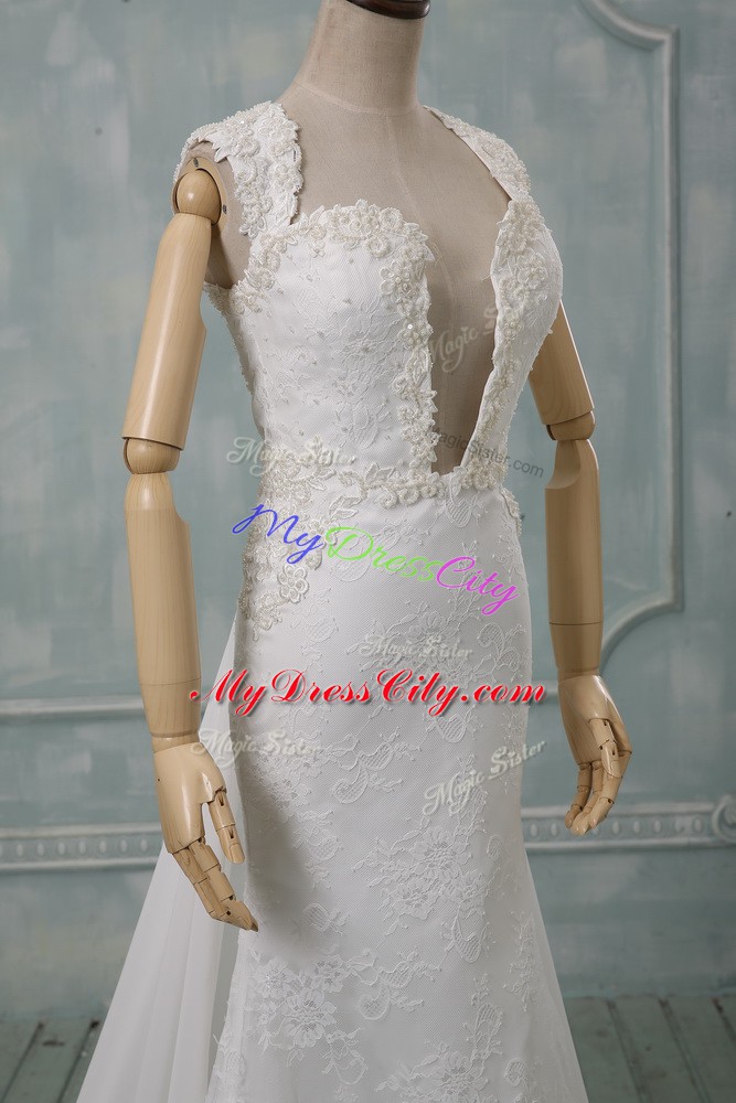 Pretty Sleeveless Lace Zipper Wedding Gowns with White Court Train