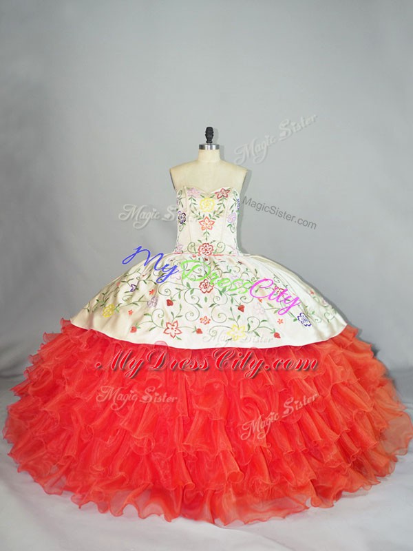 Coral Red Ball Gowns Organza Sweetheart Sleeveless Embroidery and Ruffles Floor Length Lace Up Ball Gown Prom Dress