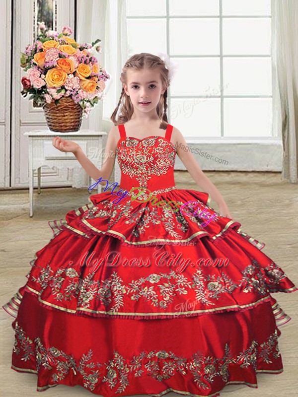 Floor Length Red Pageant Dress for Girls Satin Sleeveless Embroidery and Ruffled Layers