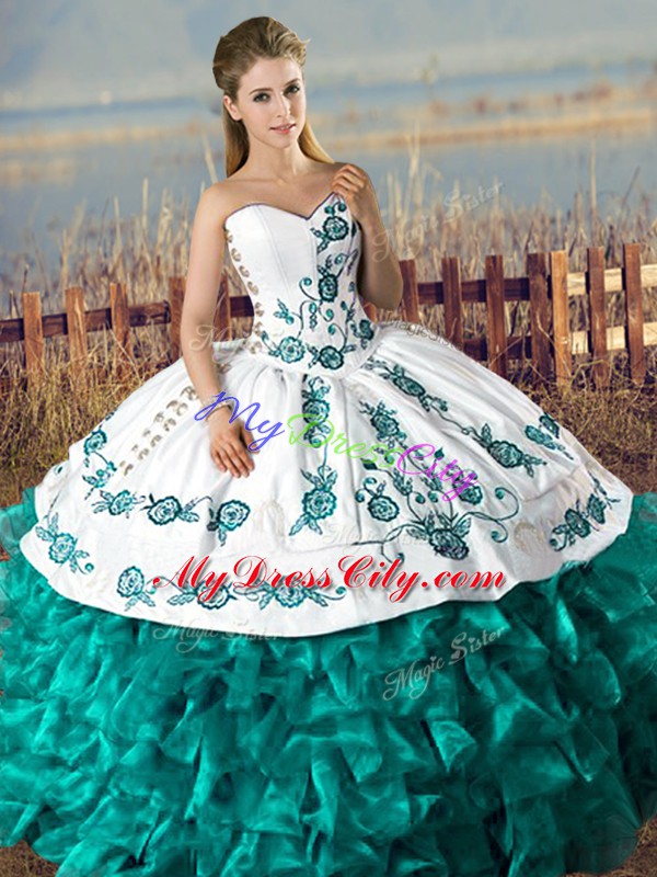 Charming Sleeveless Lace Up Floor Length Embroidery and Ruffles 15th Birthday Dress