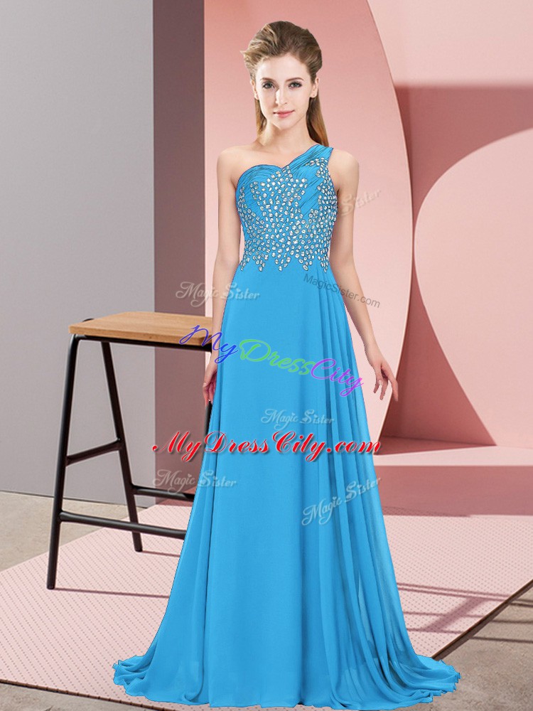 Shining Blue Side Zipper One Shoulder Beading Prom Dresses Chiffon Sleeveless