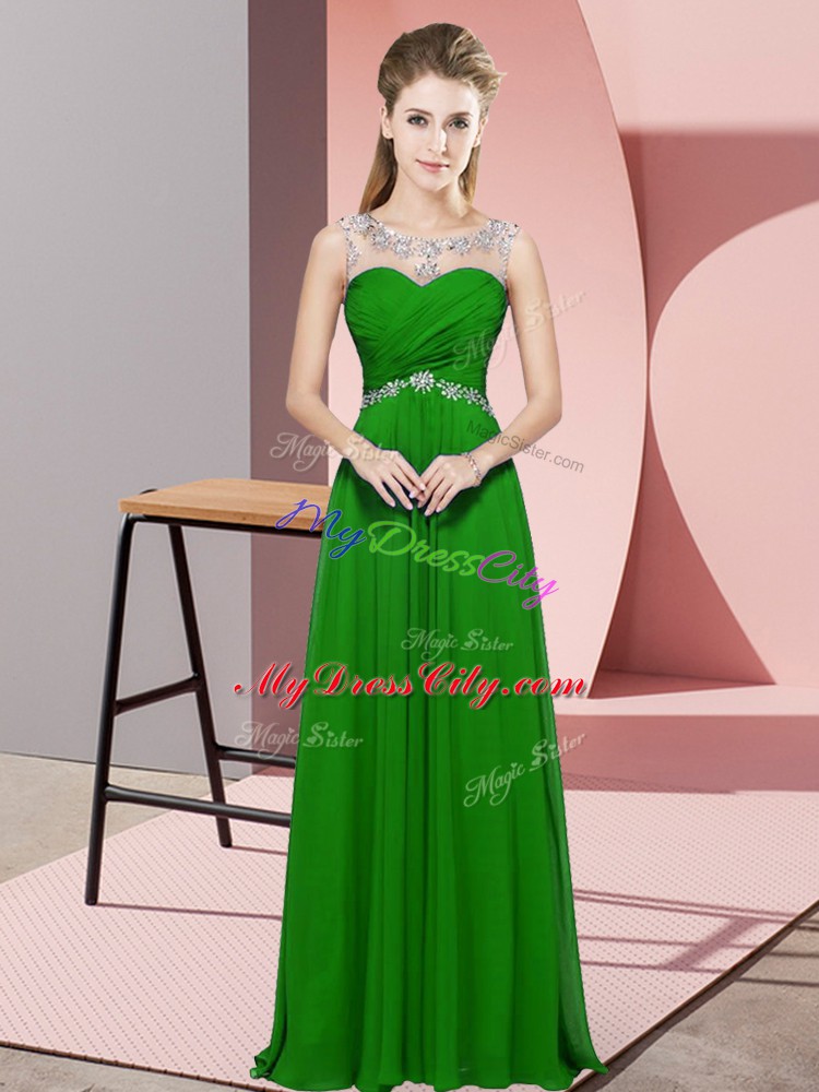 Chiffon Scoop Sleeveless Backless Beading Prom Evening Gown in Green