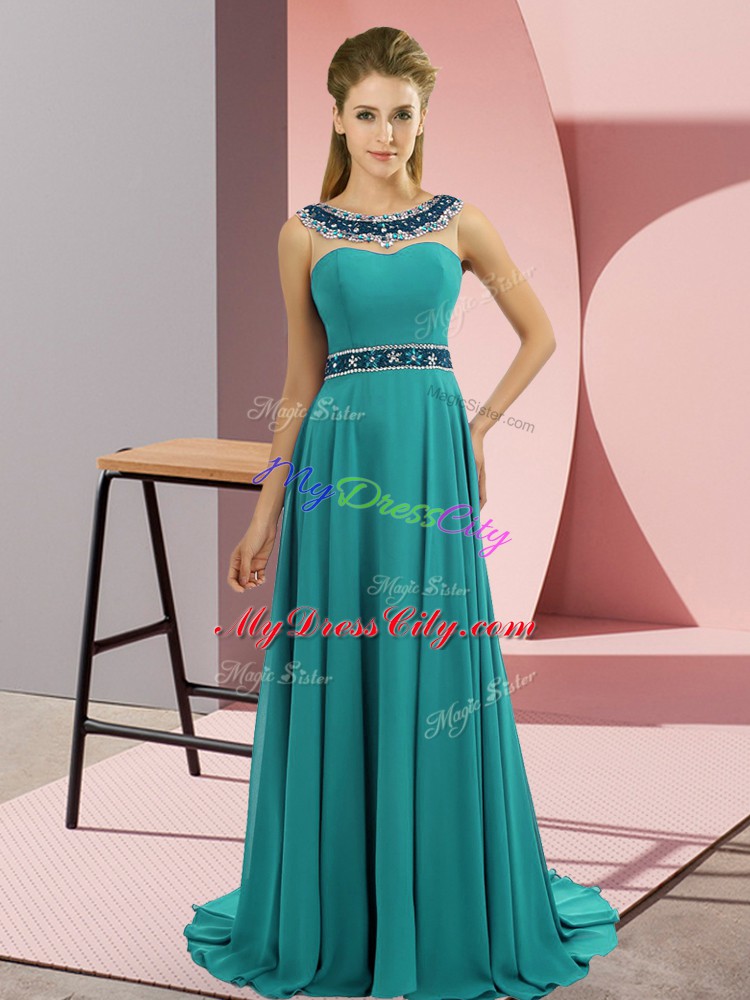 Dramatic Teal Prom Dresses Chiffon Brush Train Sleeveless Beading