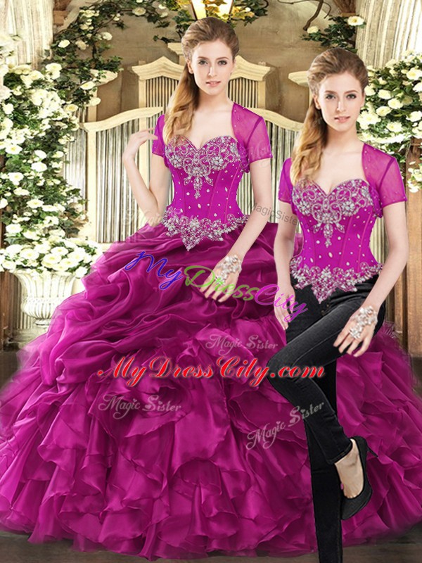 Trendy Sleeveless Floor Length Beading and Ruffles and Pick Ups Lace Up Quinceanera Dress with Fuchsia