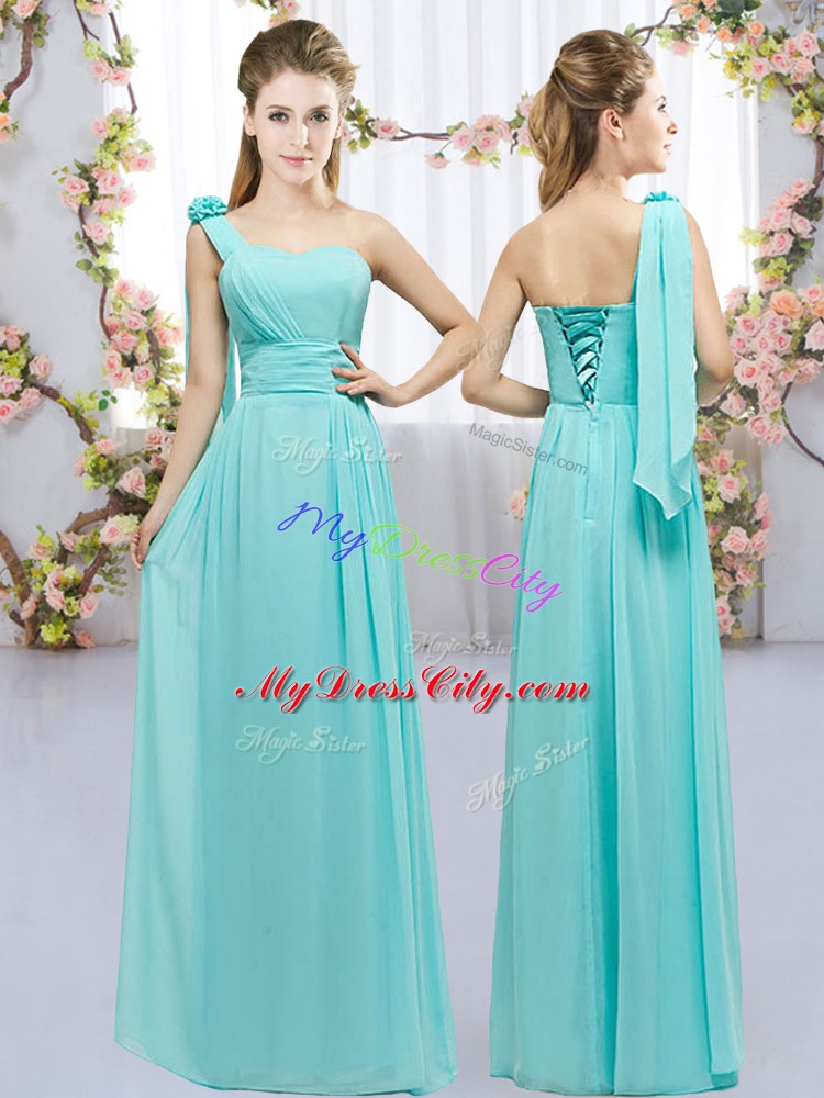 Best Selling Aqua Blue Chiffon Lace Up Damas Dress Sleeveless Floor Length Hand Made Flower