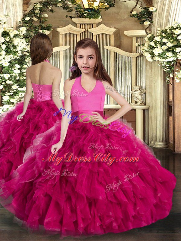 Custom Made Fuchsia Sleeveless Floor Length Ruffles Lace Up Custom Made Pageant Dress