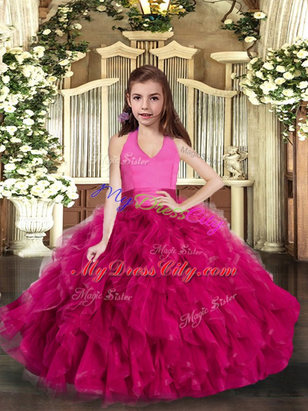 Custom Made Fuchsia Sleeveless Floor Length Ruffles Lace Up Custom Made Pageant Dress