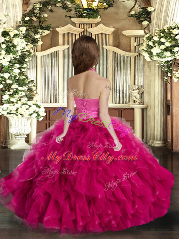 Custom Made Fuchsia Sleeveless Floor Length Ruffles Lace Up Custom Made Pageant Dress