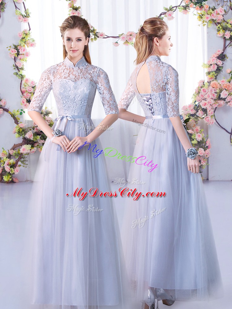 Trendy Floor Length Grey Court Dresses for Sweet 16 Tulle Half Sleeves Lace