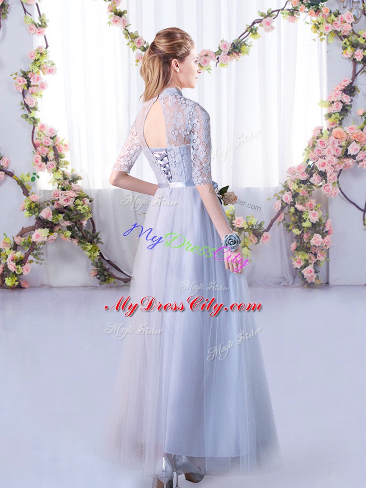 Trendy Floor Length Grey Court Dresses for Sweet 16 Tulle Half Sleeves Lace