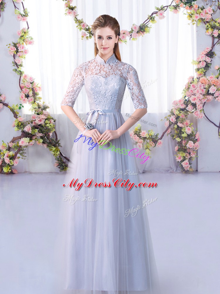 Trendy Floor Length Grey Court Dresses for Sweet 16 Tulle Half Sleeves Lace