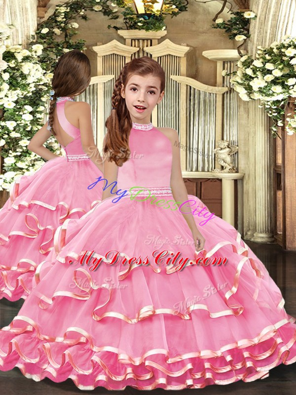 Elegant Floor Length Pink Sweet 16 Dress Organza Sleeveless Beading and Ruffled Layers