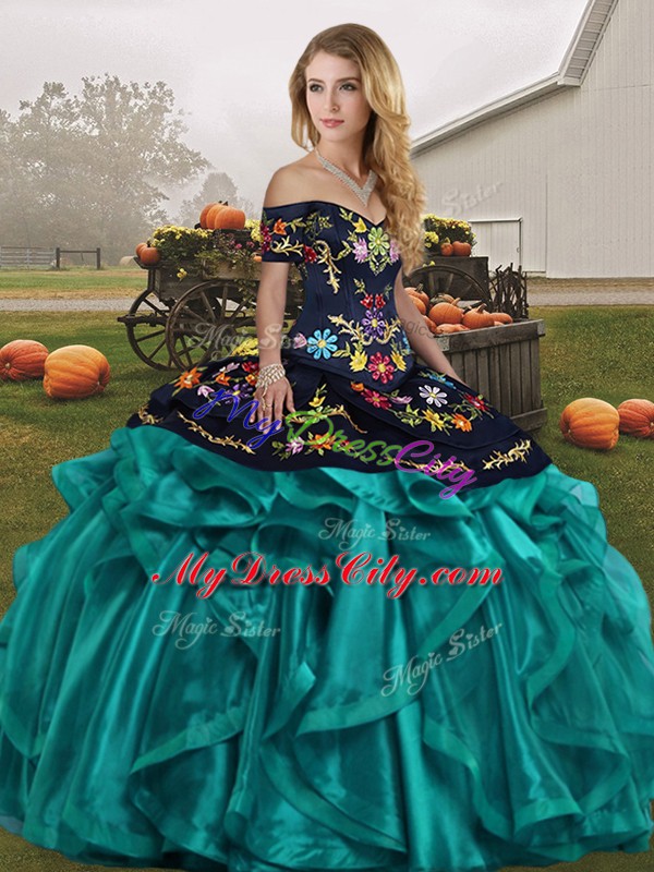 Luxury Teal Organza Lace Up Off The Shoulder Sleeveless Floor Length Sweet 16 Dress Embroidery and Ruffles