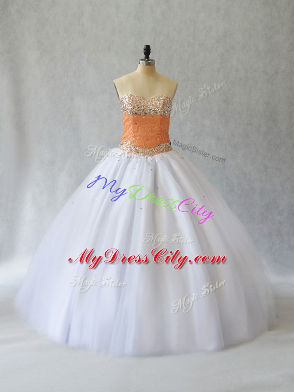 New Style White Ball Gowns Tulle Sweetheart Sleeveless Beading Floor Length Lace Up 15 Quinceanera Dress