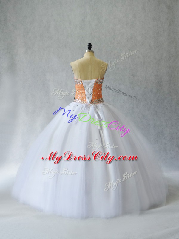 New Style White Ball Gowns Tulle Sweetheart Sleeveless Beading Floor Length Lace Up 15 Quinceanera Dress