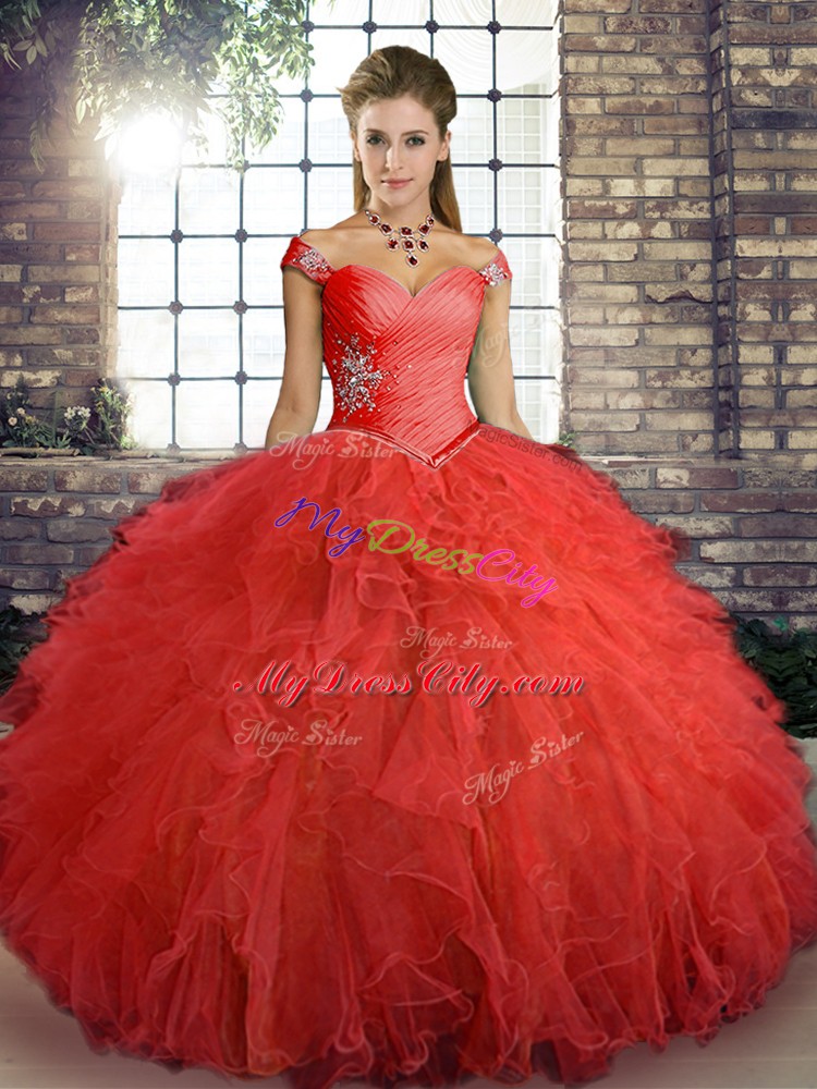 Orange Red Sleeveless Tulle Lace Up Sweet 16 Dresses for Military Ball and Sweet 16 and Quinceanera