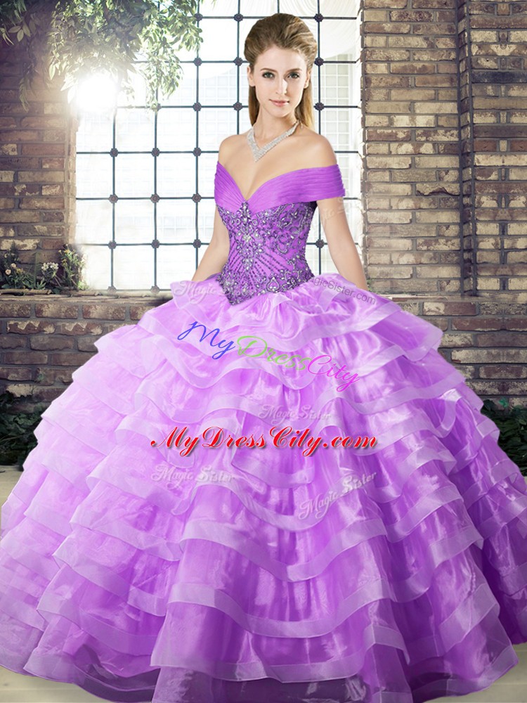 Custom Fit Lavender Ball Gowns Organza Off The Shoulder Sleeveless Beading and Ruffled Layers Lace Up Sweet 16 Dresses Brush Train