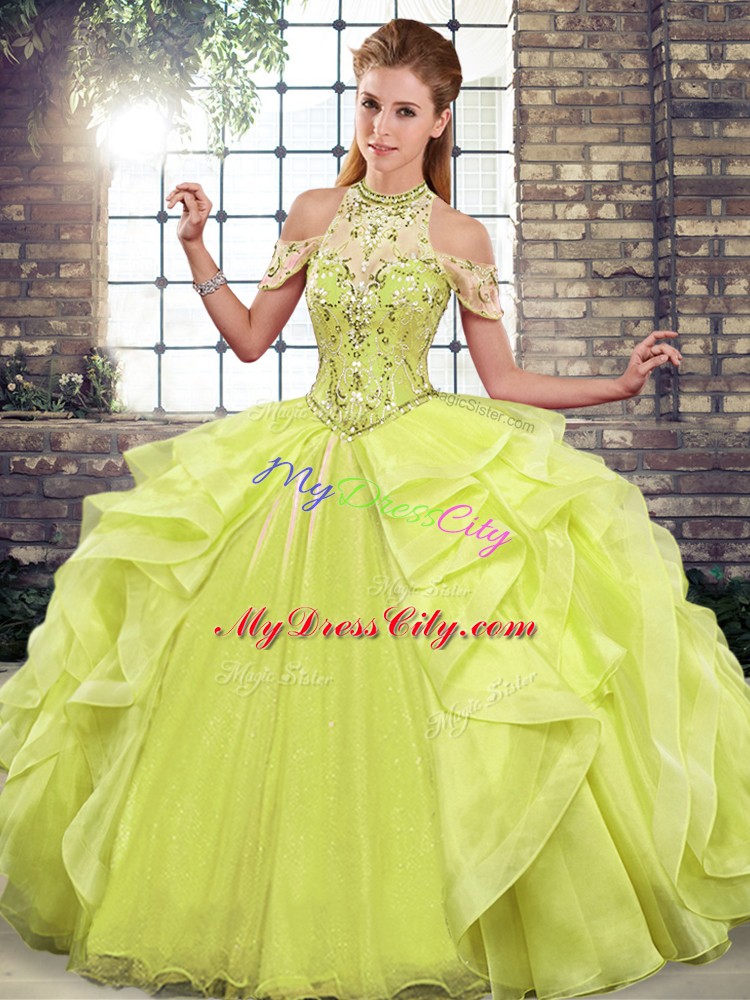 Fancy Yellow Green Ball Gowns Halter Top Sleeveless Organza Floor Length Lace Up Beading and Ruffles Sweet 16 Dresses