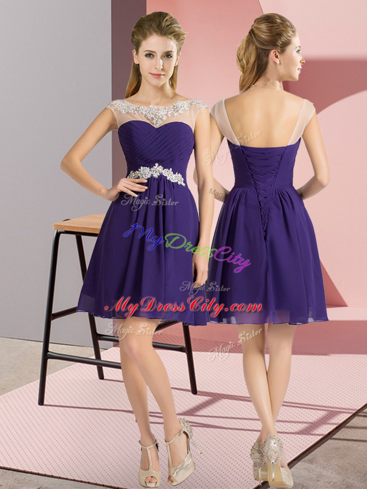 Mini Length Purple Wedding Party Dress Bateau Cap Sleeves Lace Up