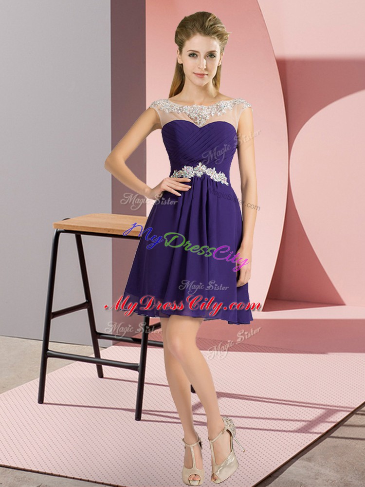 Mini Length Purple Wedding Party Dress Bateau Cap Sleeves Lace Up