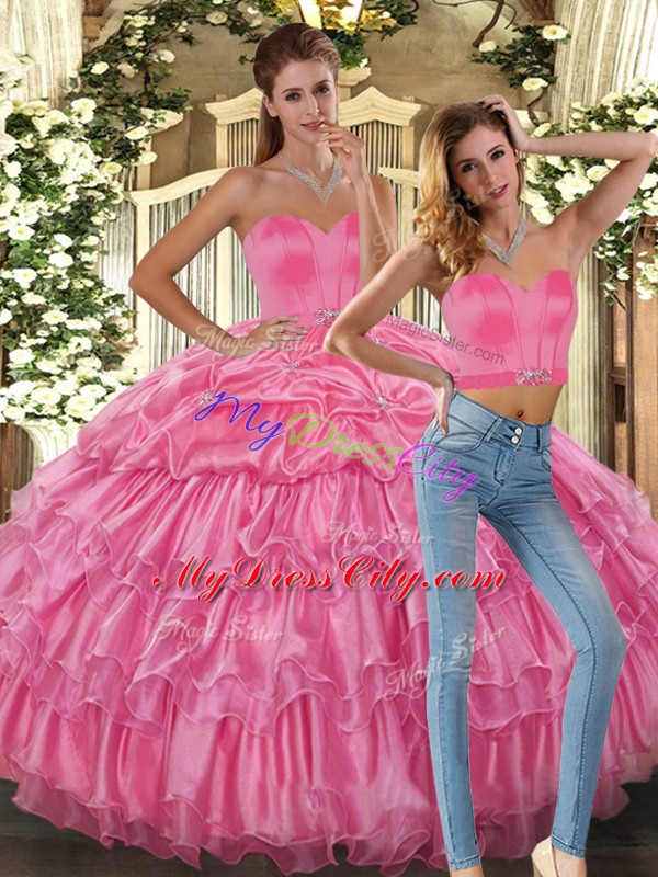 Top Selling Pink Lace Up Sweetheart Beading and Ruffles and Pick Ups 15 Quinceanera Dress Organza Sleeveless