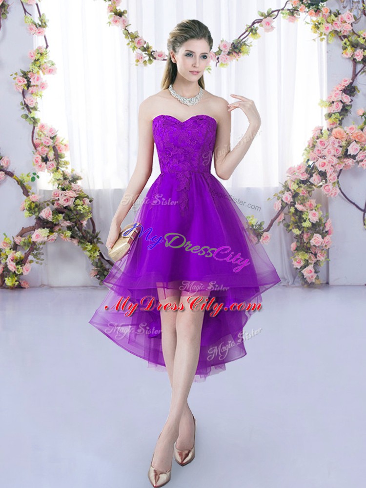 Elegant Sweetheart Sleeveless Bridesmaid Gown High Low Lace Eggplant Purple Tulle