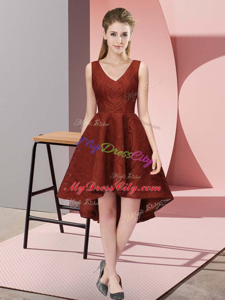 Artistic Rust Red Lace Zipper V-neck Sleeveless High Low Wedding Guest Dresses Lace