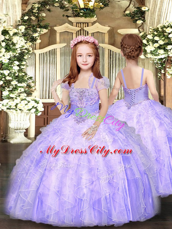 Lavender Sleeveless Floor Length Beading and Appliques and Ruffles Lace Up Quinceanera Dress