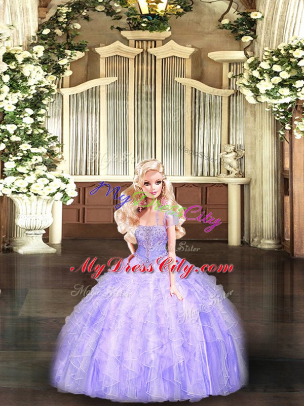 Lavender Sleeveless Floor Length Beading and Appliques and Ruffles Lace Up Quinceanera Dress