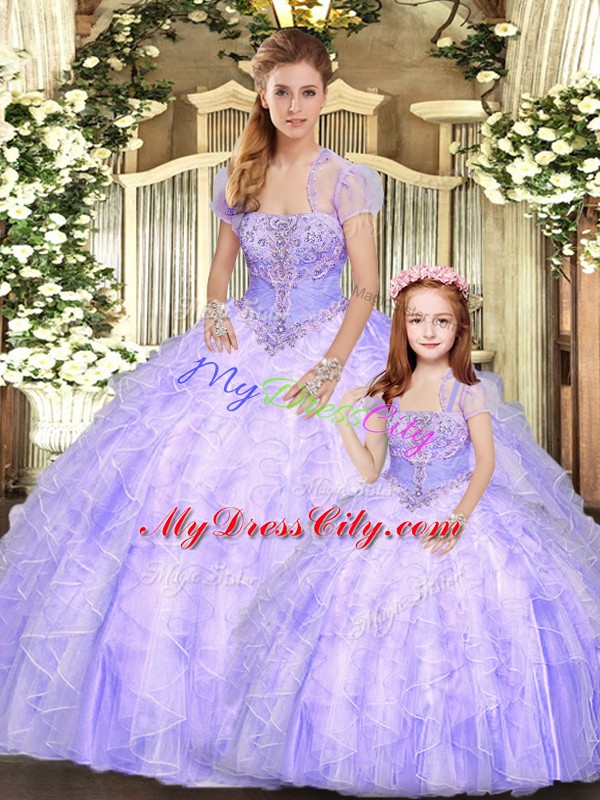 Lavender Sleeveless Floor Length Beading and Appliques and Ruffles Lace Up Quinceanera Dress