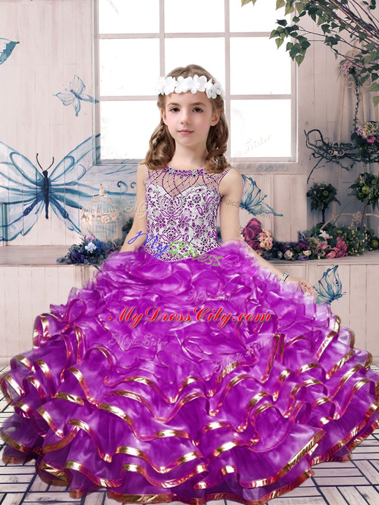 Lilac Lace Up Scoop Beading and Ruffles Little Girl Pageant Dress Organza Sleeveless