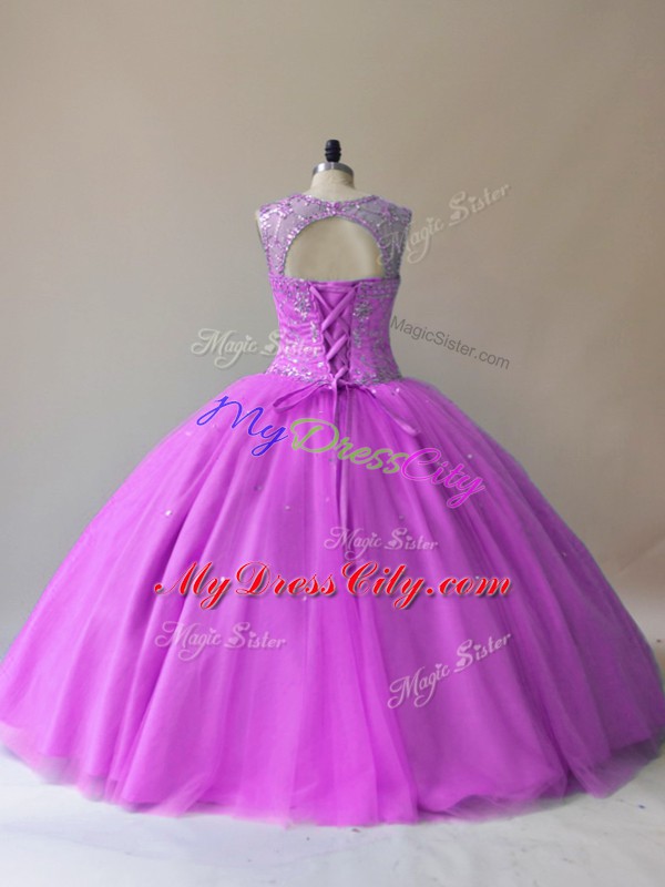 Lovely Lilac Ball Gowns Beading Quinceanera Gown Lace Up Tulle Sleeveless Floor Length