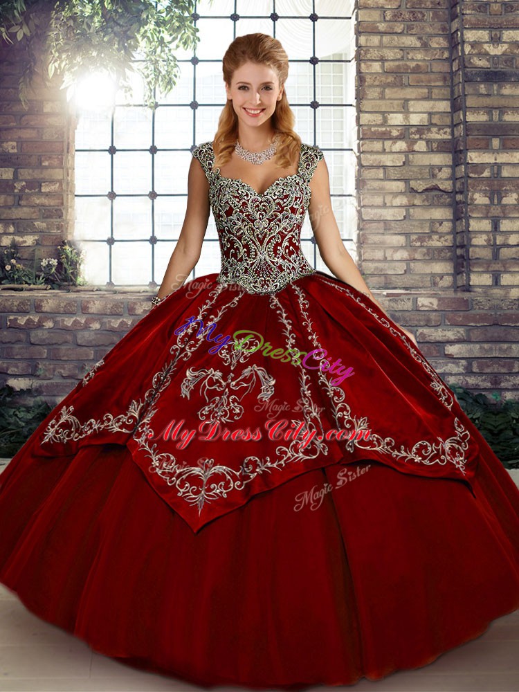 Fine Floor Length Wine Red 15th Birthday Dress Straps Sleeveless Lace Up