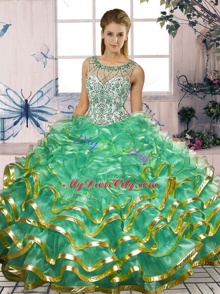 Turquoise Sweet 16 Dresses Military Ball and Sweet 16 and Quinceanera with Beading and Ruffles Scoop Sleeveless Lace Up