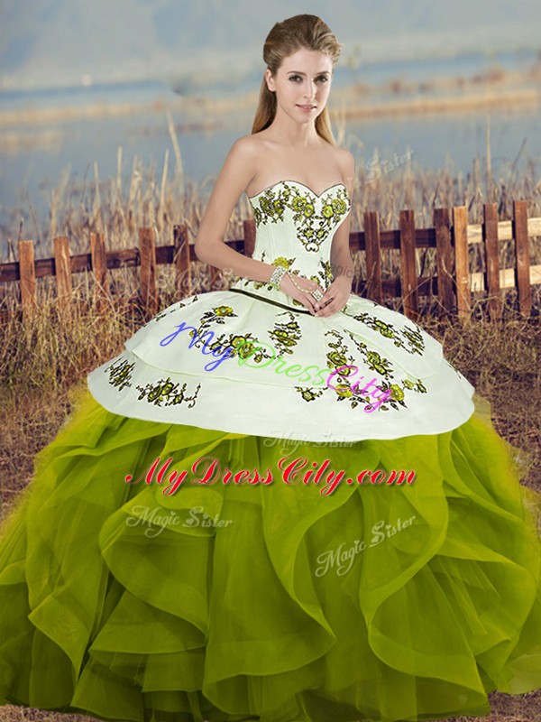 Colorful Olive Green Sleeveless Embroidery and Ruffles and Bowknot Floor Length Quince Ball Gowns