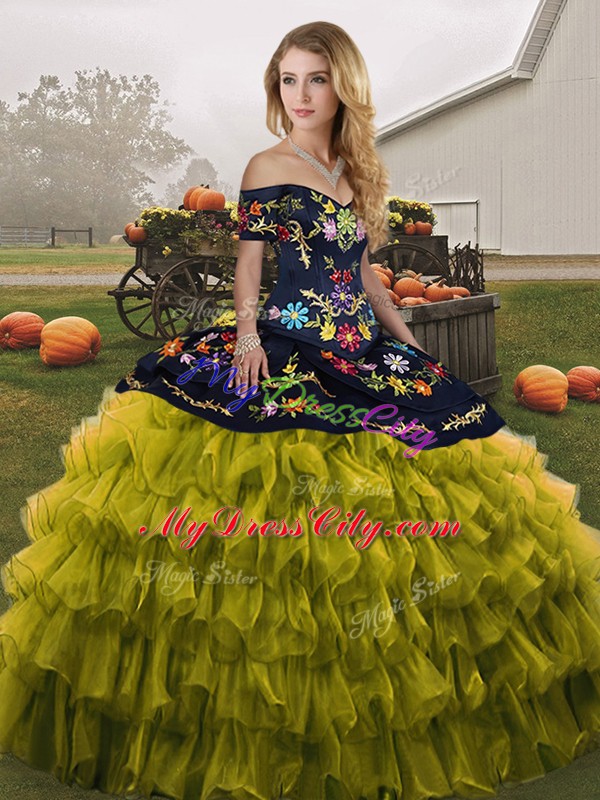 Olive Green Ball Gown Prom Dress Military Ball and Sweet 16 and Quinceanera with Embroidery and Ruffled Layers Off The Shoulder Sleeveless Lace Up