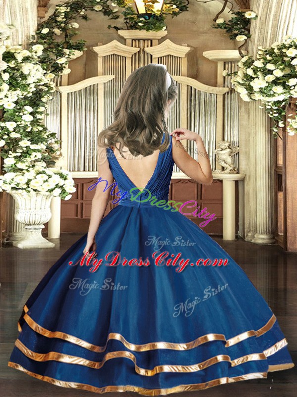 Navy Blue V-neck Backless Beading Pageant Gowns Sleeveless