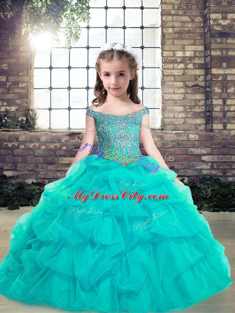 Enchanting Aqua Blue Ball Gowns Beading and Ruffles Pageant Gowns Lace Up Organza Sleeveless Floor Length